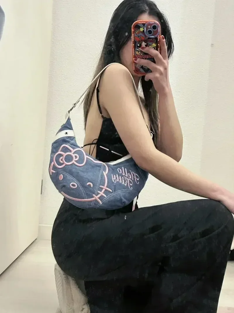 Sanrio Hello Kitty Spring And Summer New Large-capacity Denim Armpit Bag Hellokitty Cute Retro Shoulder Messenger Bag Women Gift