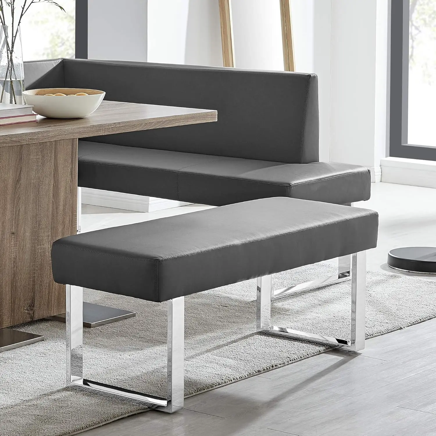 Living Amanda Bench in Grey Leather and Chrome Finish 48 x 19 x 18