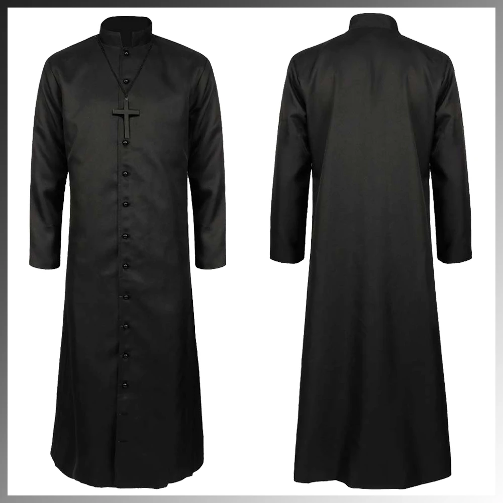 Monk Clergy Priest Cosplay Black Robe Necklace Cross Chain Costume Medieval  Stage Performance Costume Men Role Halloween Suit