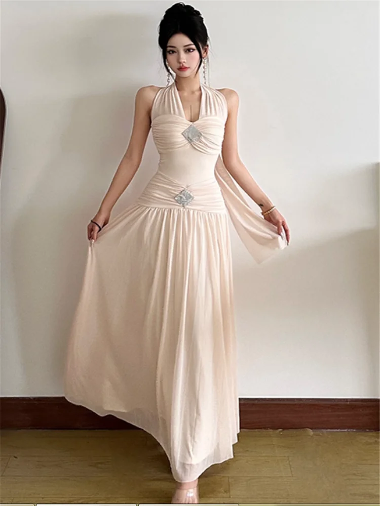 عطلة الصيف النساء الجنية عطلة الشاطئ الأخضر فستان طويل رومانسية الرسن الخامس الرقبة عارية الذراعين الخرز الخصر النحيف فستان شبكي Vestidos