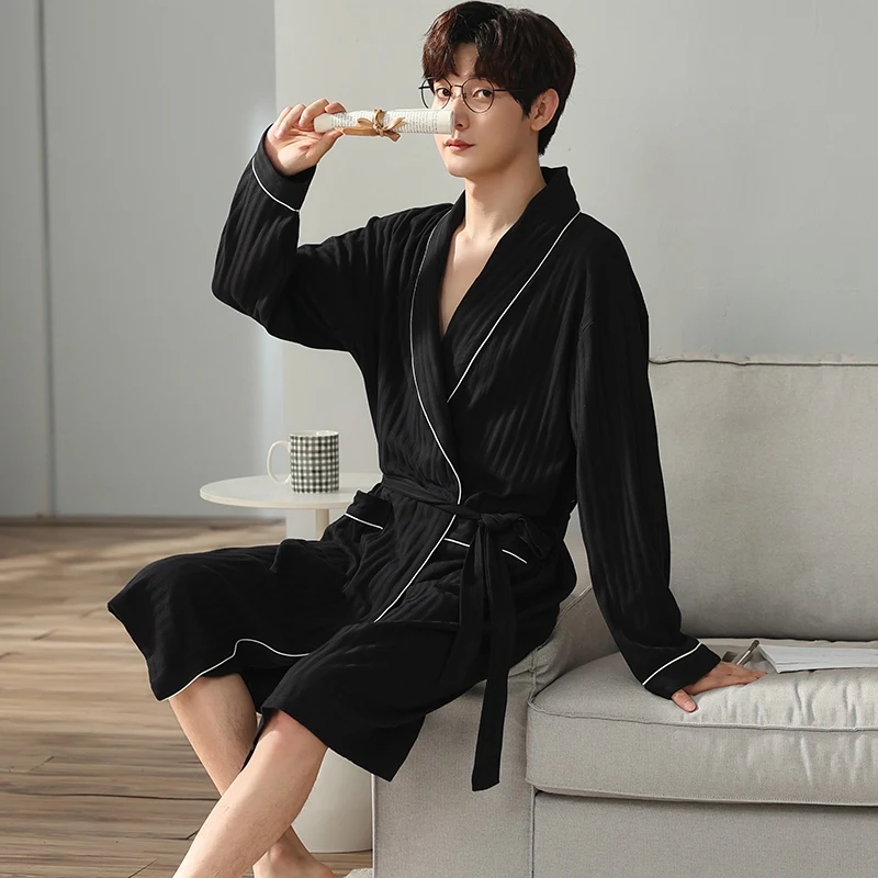 

2024 Spring Autumn Plus Size Long Sleeve Cotton Kimono Robes for Men High Quality Sleepwear Bathrobes Male Homewear Home Clothes