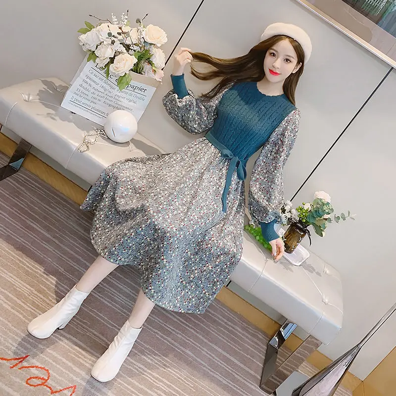 New Knitted Dress Women Casual Long Sleeve Vintage Elegant Office Sweater Dress Female 2024 Autumn Korean Corduroy Floral Dress