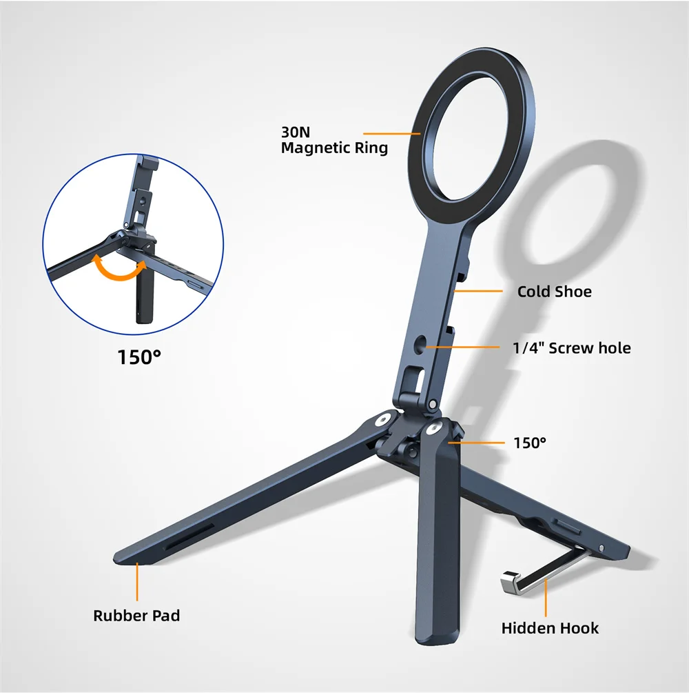 Складной магнитный карманный штатив для телефона с крючком, магнитный держатель для телефона, винтовое крепление для штатива 1/4 дюйма для iPhone 16, 15, 14, 13, 12 Pro Max