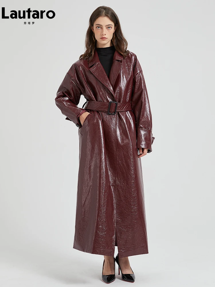 Lautaro Spring Autumn Extra Long Burgundy Pu Leather Trench Coat for Women with Belt Elegant Luxury Designer Maxi Overcoat 2024