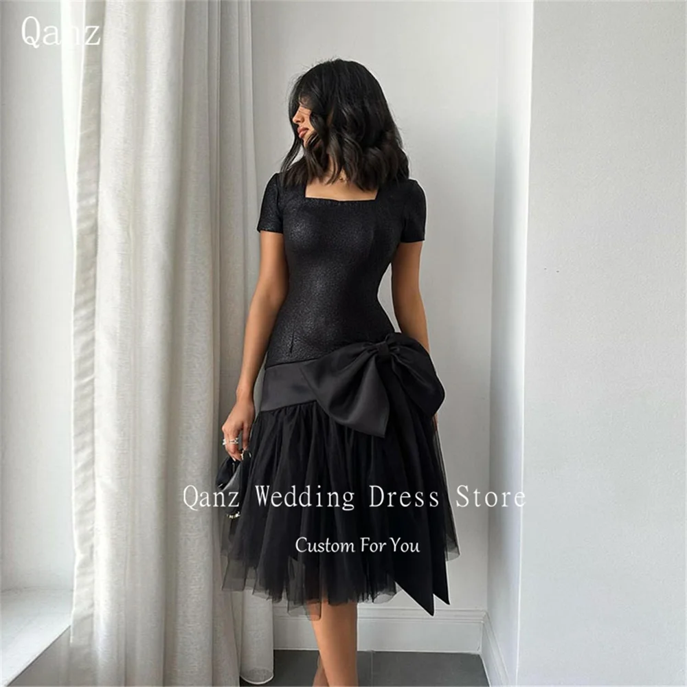 Qanz Arab Black Prom Dress Short Sleeves Vestidos De Fiesta Elegantes Para Mujer Mermaid Tulle Party Dresses Customized