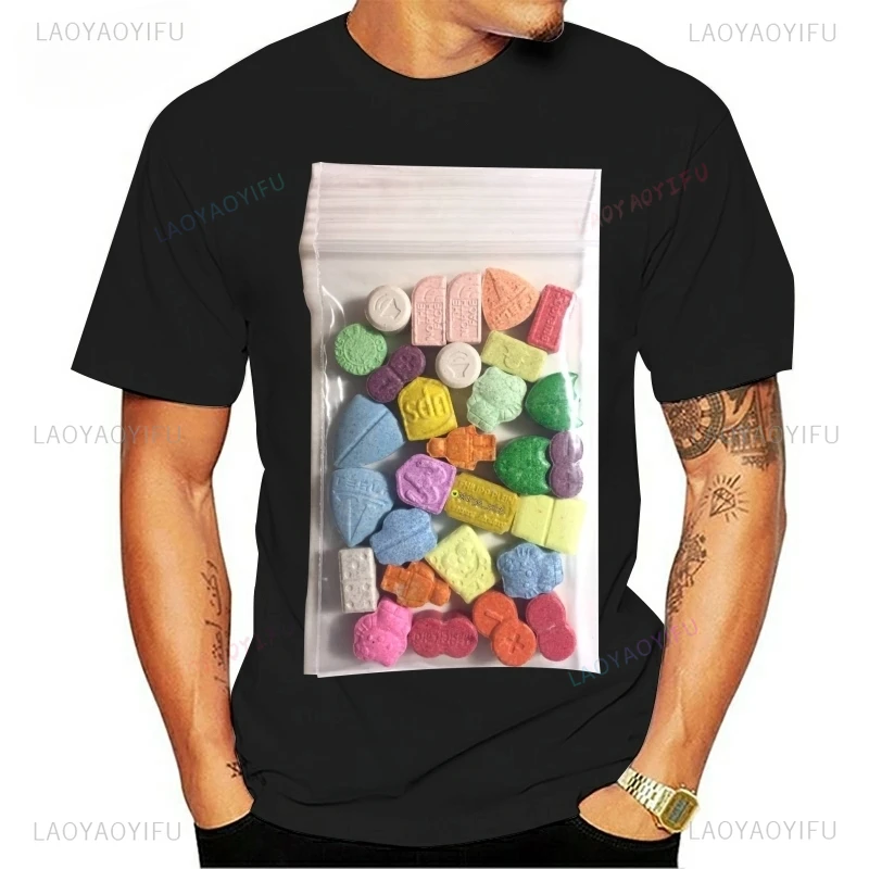 80\'s Rave Music T Shirt Ecstasy Pills XTC Cocaines Drugs mens t-shirts camisetas masculino 90\'s personality Tee shirt homme Tops