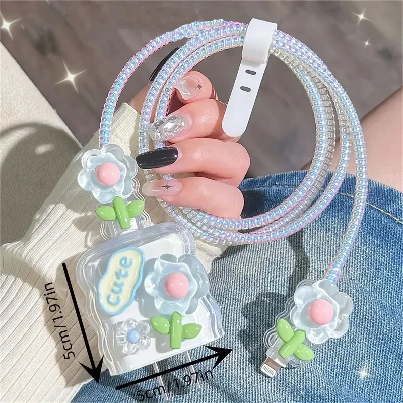 Flower Charger Cable Protector For iPhone 15 14 13 12 18W 20W Charger Protector 2024 New Cute Data Line Spiral Winder Protective