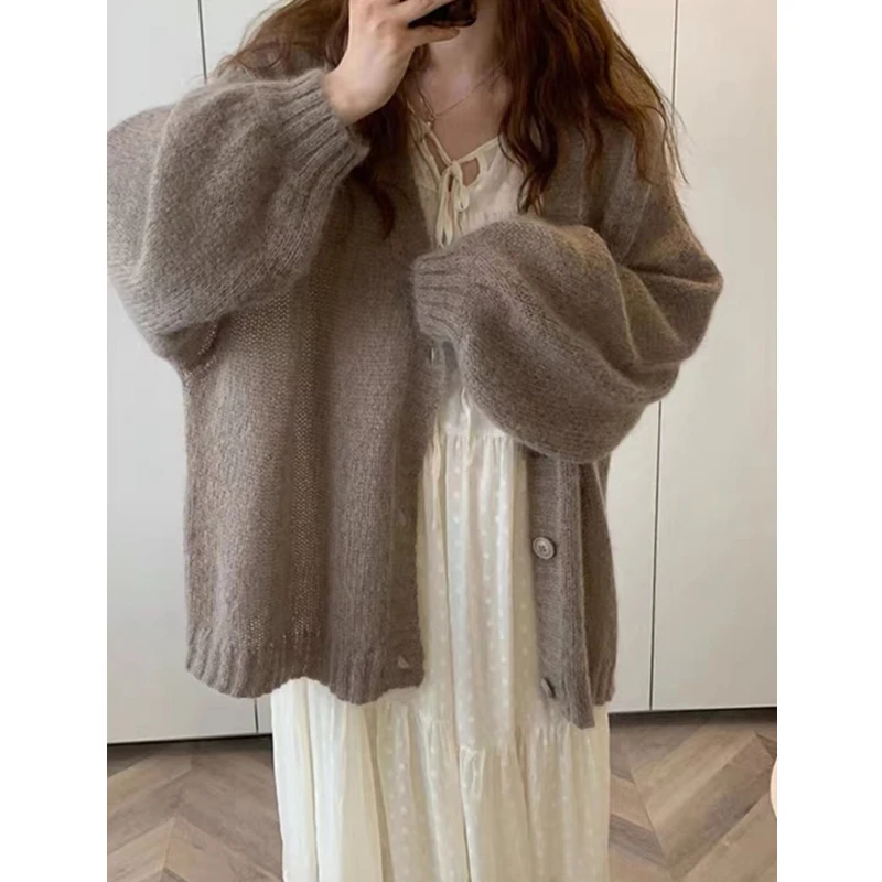 Summer Loose Thin Knitted Cardigan Women Lantern Sleeve Shawl Top