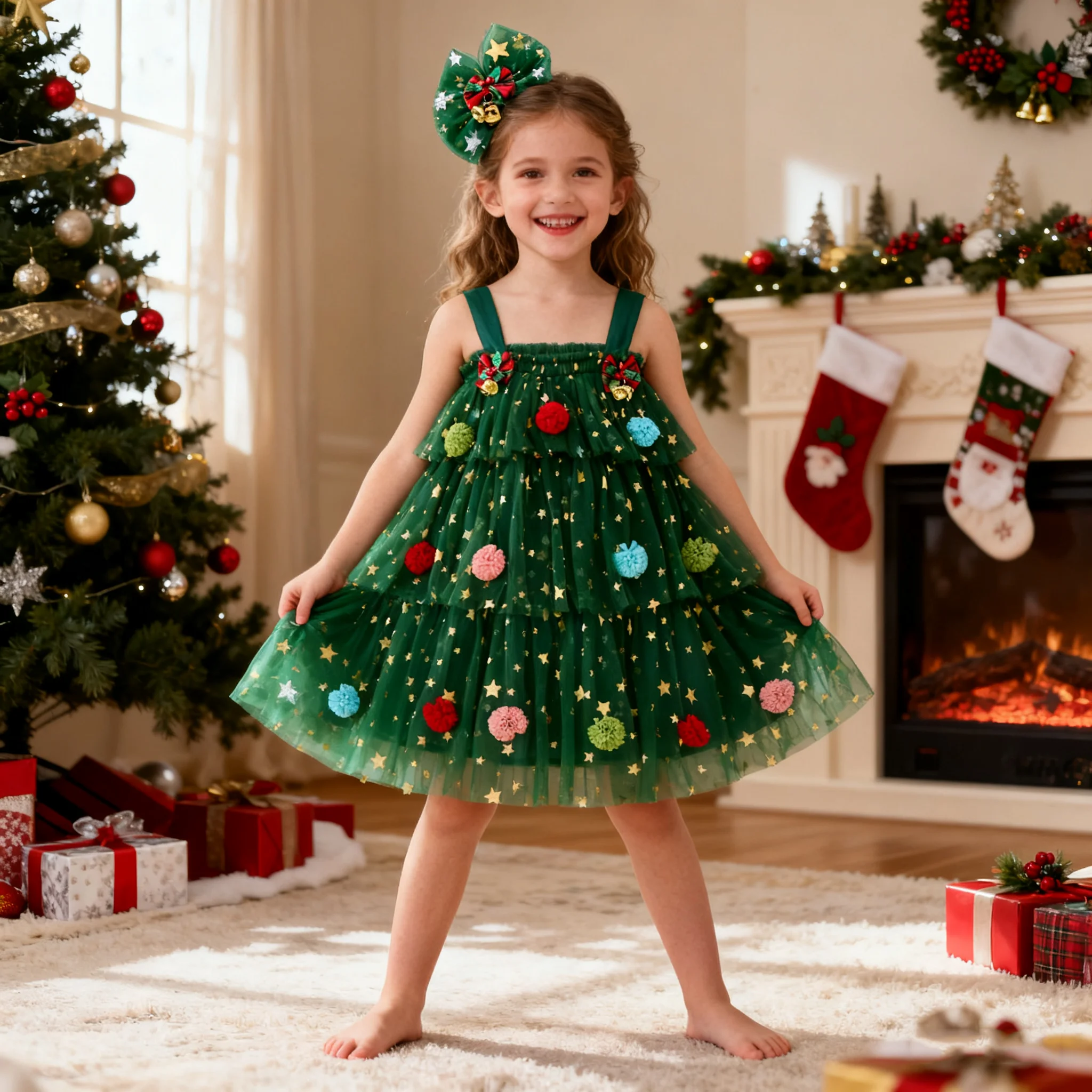 

Muababy Children Little Girls Christmas Dress Strap Sleeveless Star Print Children Costume Lace Layered Tulle Sundress For 3-8Y