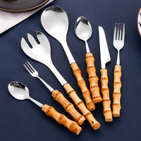 7Pcs Natural Bamboo Handle Stainless Steel Tableware Sets Flatware Set Dinnerware Steak Knife Cutlery Dessert Spoon and Fork Set