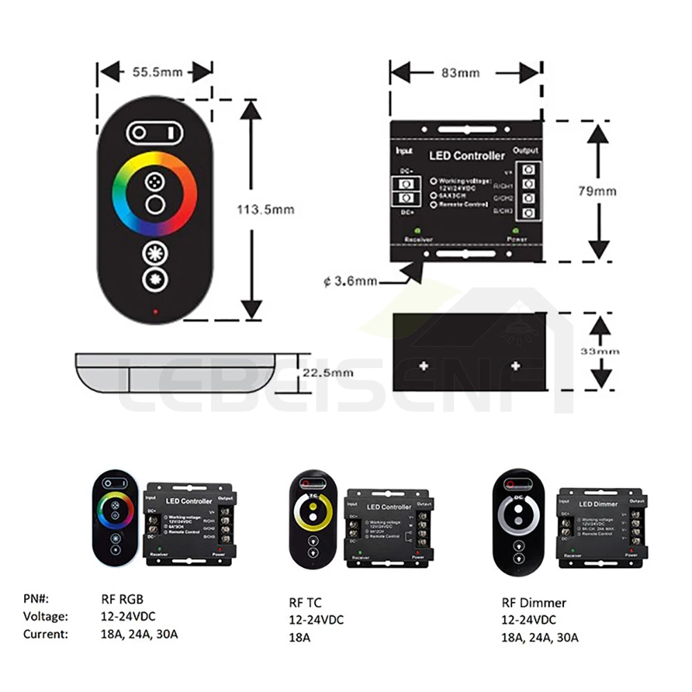 12-24V High Power LED Strip Dimmer Controller (Dimmer/CCT/RGB) RF Wireless Remote Control for 2835/5050 SMD/COB Lighting Control