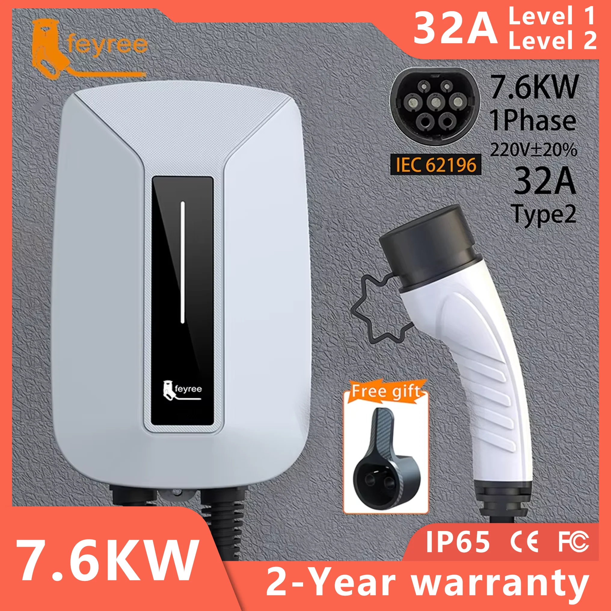 feyree EVSE Wallbox 32A 7KW EV Charger Type2 Plug IEC62196-2 Socket 1 Phase 5m Cable Wallmount Charging Station for Electric Car