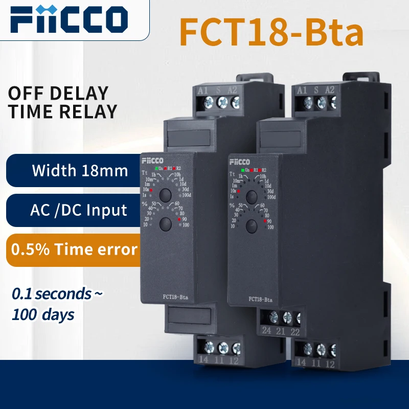 

Fiicco FCT18-Bta DC12V 24V AC220V Off-delay Timer Relay with NPN/PNP Summation Control Signal for Control Panels Pump Controls