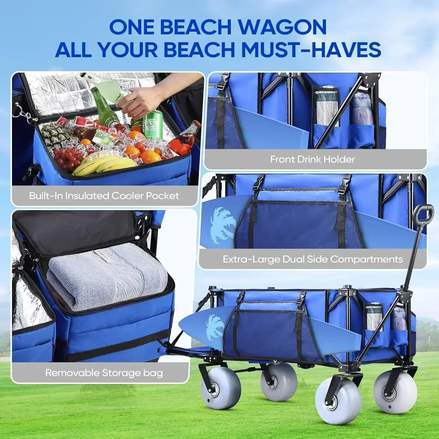 

Hot-selling260L Extra Large Beach Cart with 9" All-Terrain Balloon Wheels, Beach Wagon with Big Wheels for Sand,Heavy Duty Foldi