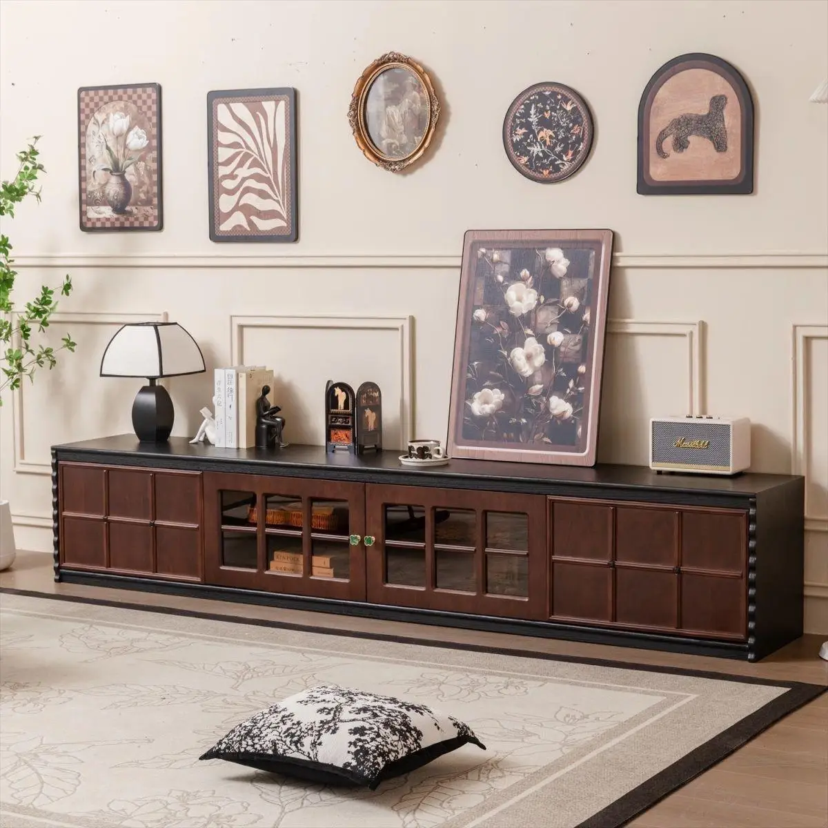 French retro solid wood TV cabinet antique module combination locker displaycabinet chessboard skeleton living room floor