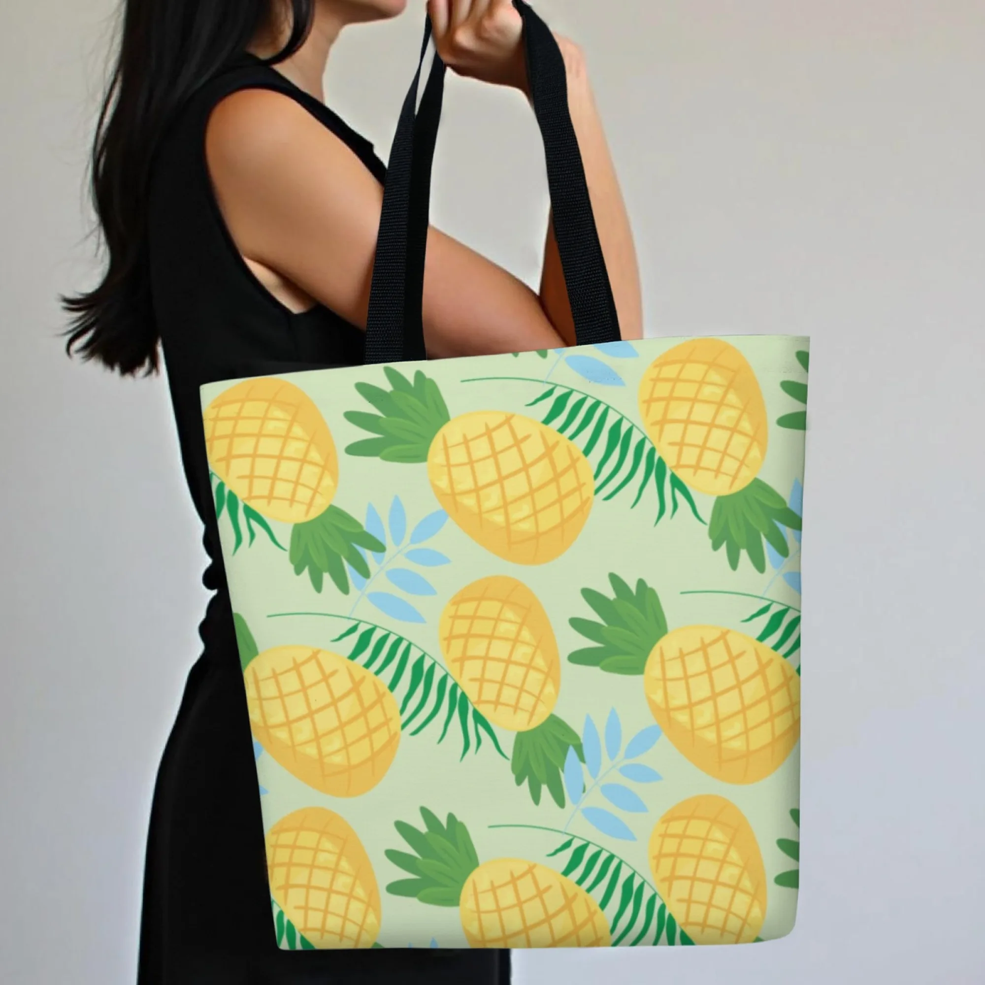 Korean Tropical Trend Canvas Tote Women Bag Light Green Pineapple Print Fashion Reusable Handbag Perfect for Daily Commute