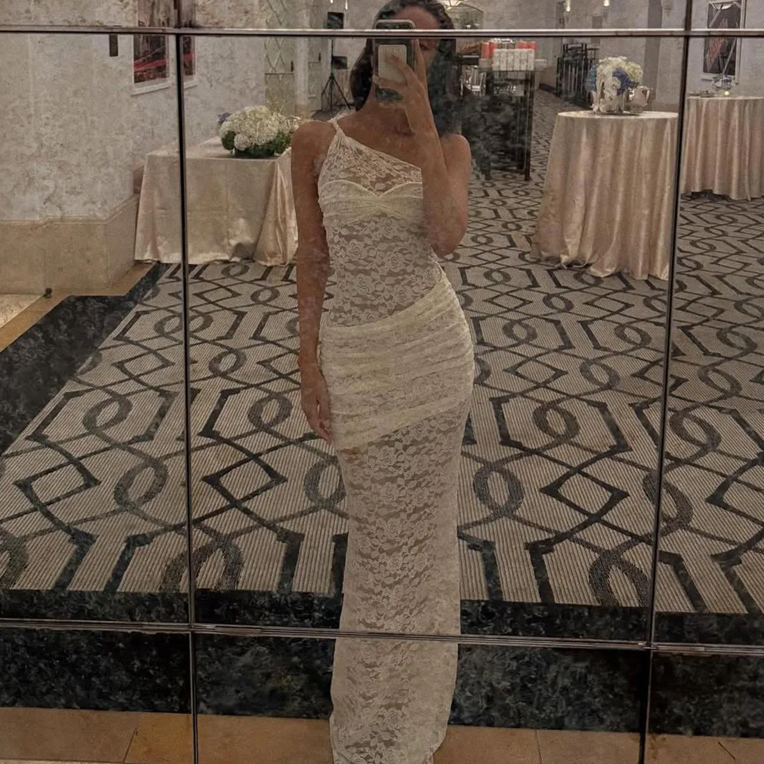 Wholesale Women's Clothing 2025 Summer New Lace See-Through Cut-out Slim Slanted Shoulder Backless Dress For Women