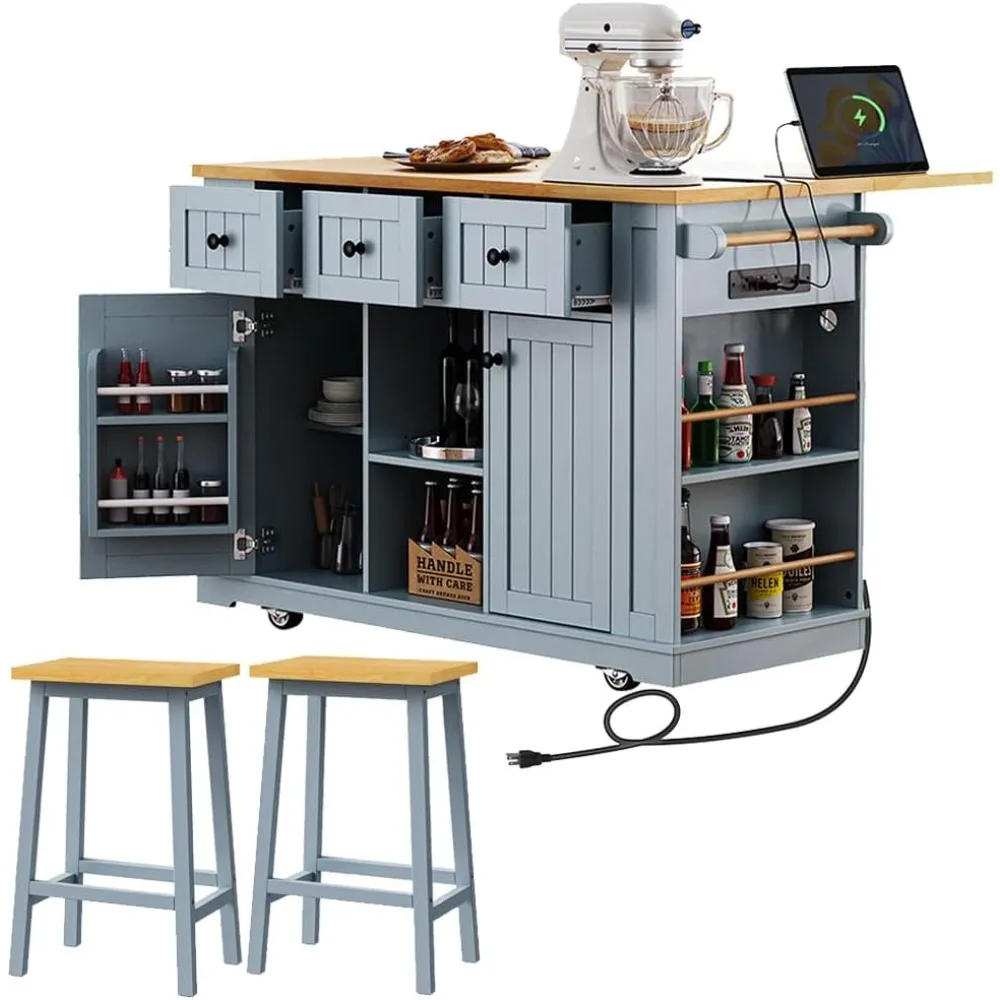 Rolling Kitchen Island with 2 Bar Stools, Kitchen Cart on Wheels with Drop Leaf, Mobile Kitchen Storage Cart with Power Outlet