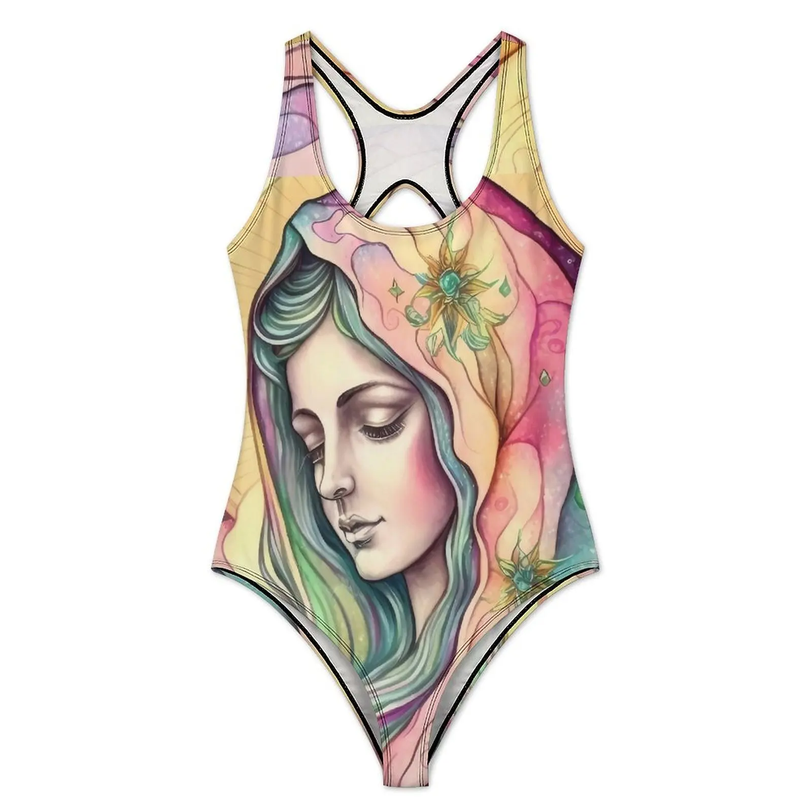 Virgin Mary Swimsuit Sexy Catholic Christian Mother Women Swimwear Retro Bodysuit Holiday Swim Push Up Hollow Out Bathing Suit