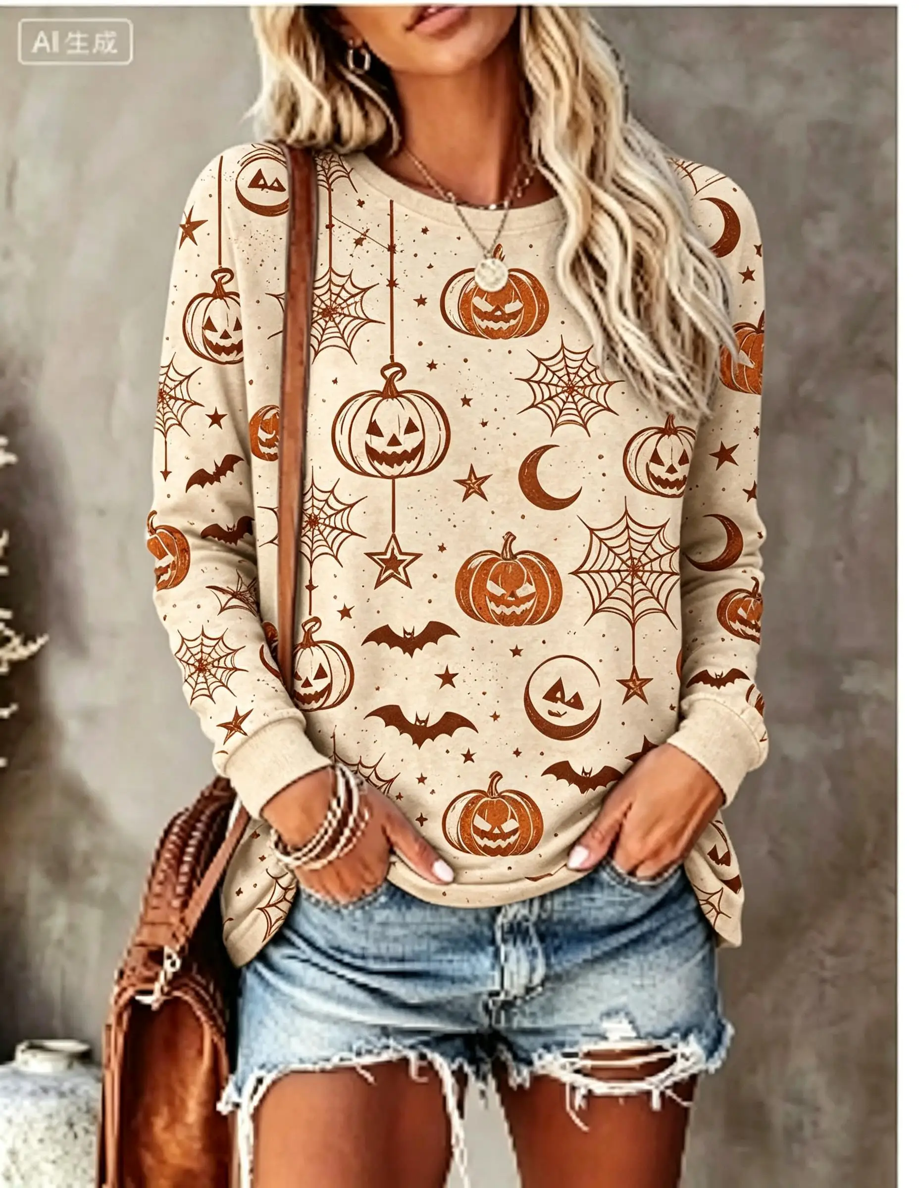 Women Halloween Long Sleeve T‑Shirt Pumpkin Moon Star Bat Spider Web Distressed All‑Over Print Crew Neck Tops image 5