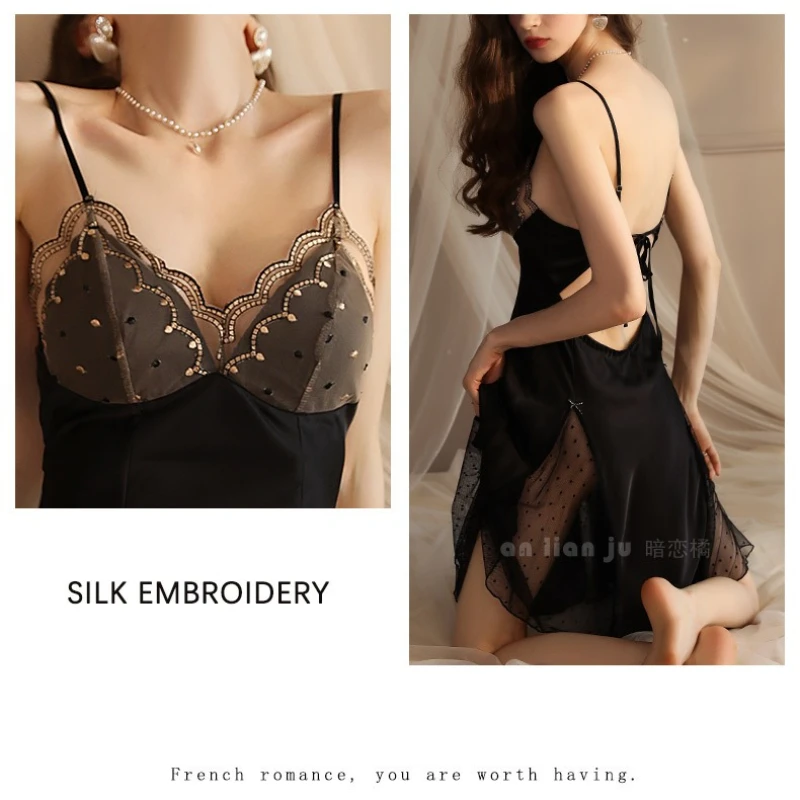 Sexy Pajamas Satin Pajamas Loungewear Sexy Suspender Lounge  Lace Stitching Pajamas Women Smooth and Soft Sleep Bath Sleepshirts