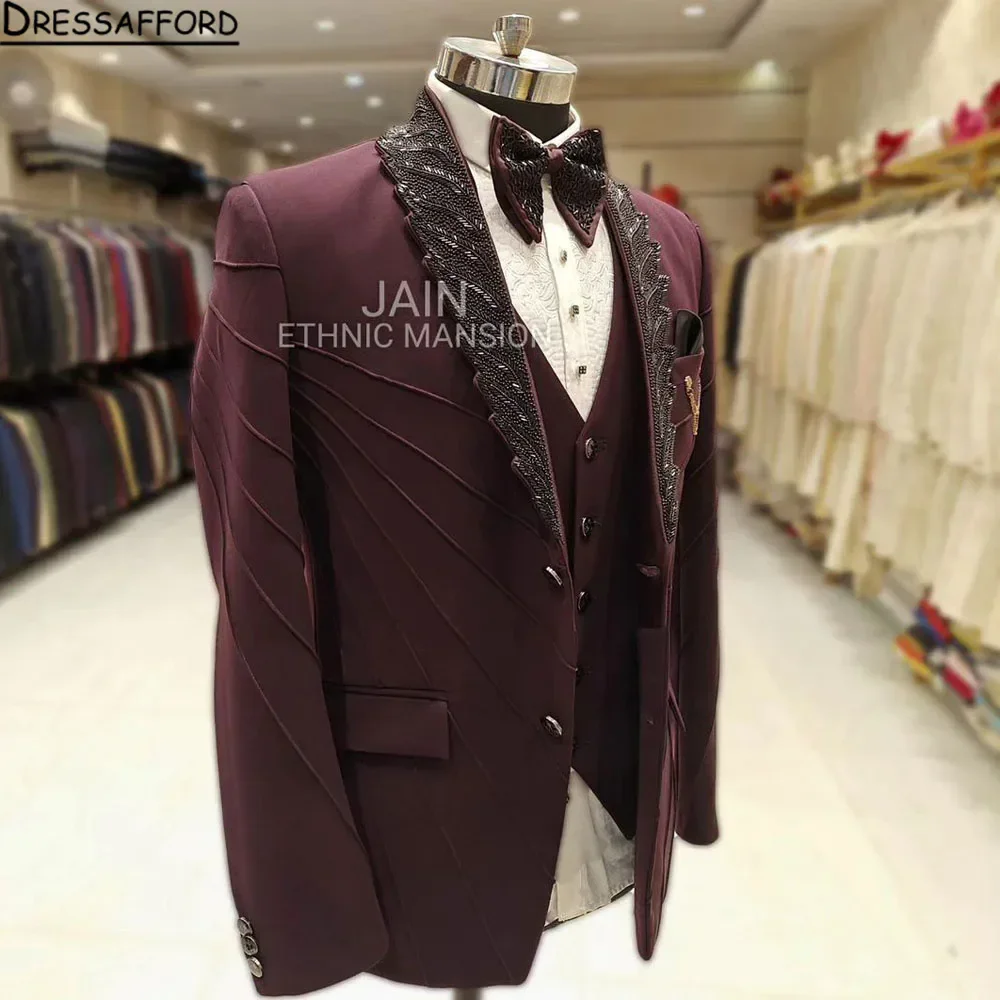 Burgundy Men's Suits Fashion 3 Pieces Sets Groom Prom Blazers Crystal Beading Decoration Tuxedos Men