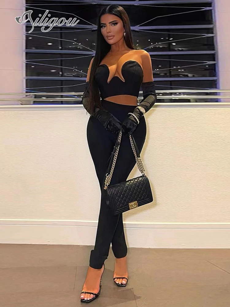 

Ailigou 2023 New Women's Fashion Celebrity Sexy Bandage Two Piece Set Tight Strapless Short Top and High Waist Pencil Pants Set