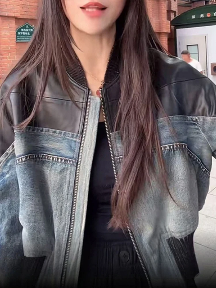 Spring Autumn 2026 Women's American Retro Long Sve Denim Jaet Loose Splicing ort Sle Leather Coat Anti-Wind Daily Wear