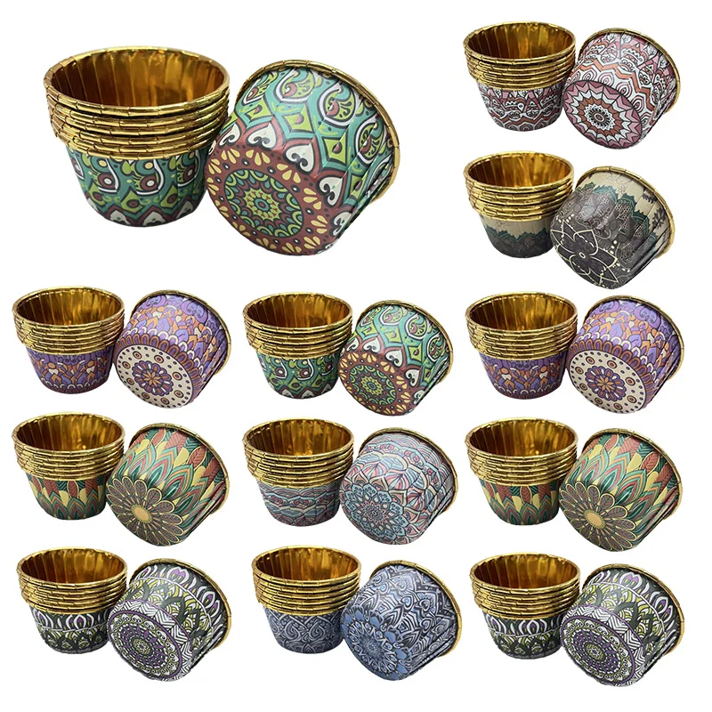 50Pcs Bohemian Style Cupcakes With Lids, Disposable Muffin Cup,Eid Mubarak Heat Resistant Glossy Cupcake Liners Baking Cups