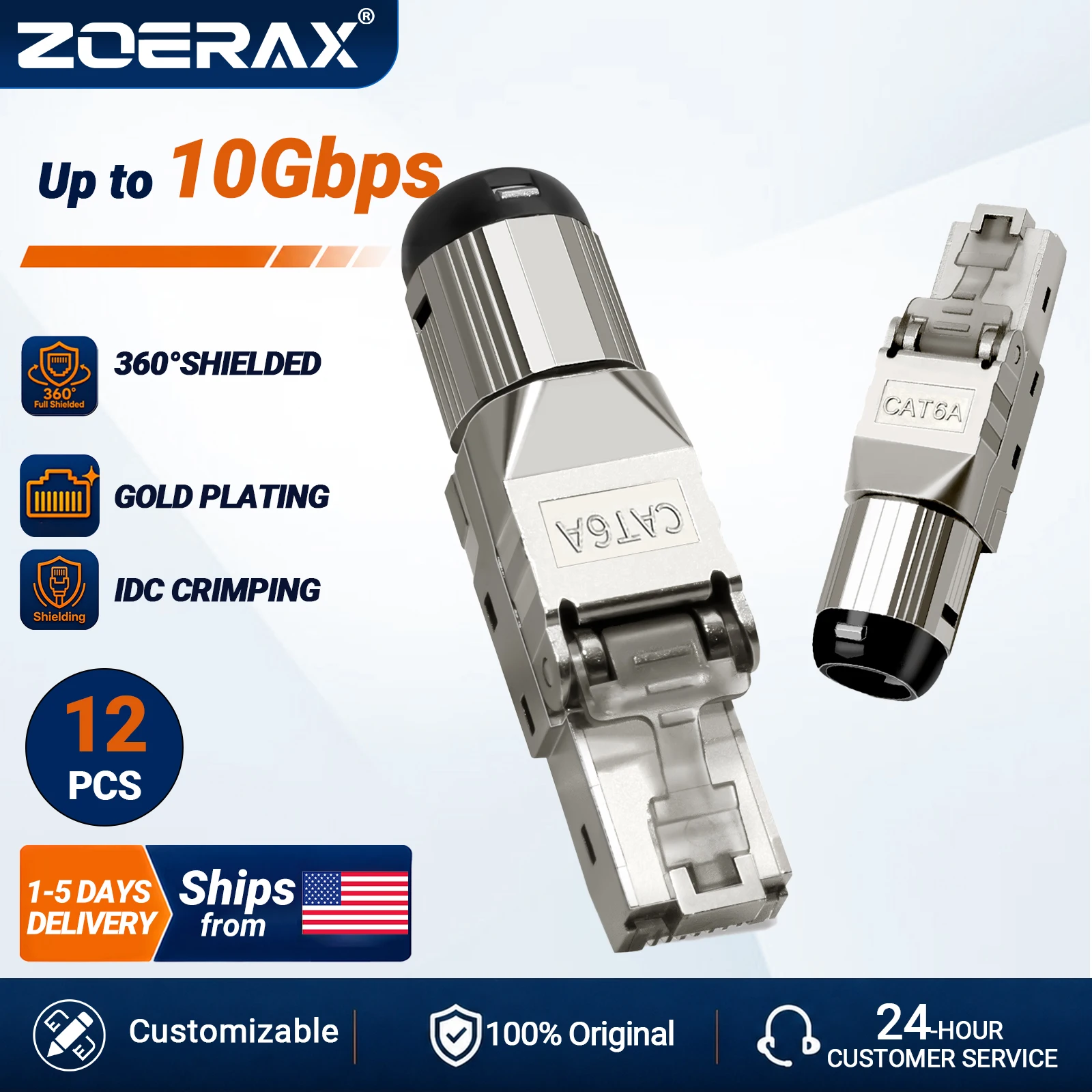 ZoeRax 12PCS RJ45 Cat6A Connectors RJ45 Shielded Toolless Modular Termination Plug 2000MHz 40G LAN Cable for 22AWG-24AWG