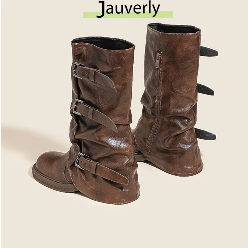 

Женские ботинки 2021, женские ботинки с круглым носком и пряжкой, модные осенние женские туфли до середины икры на толстой подошве, нишевый дизайн, новинки