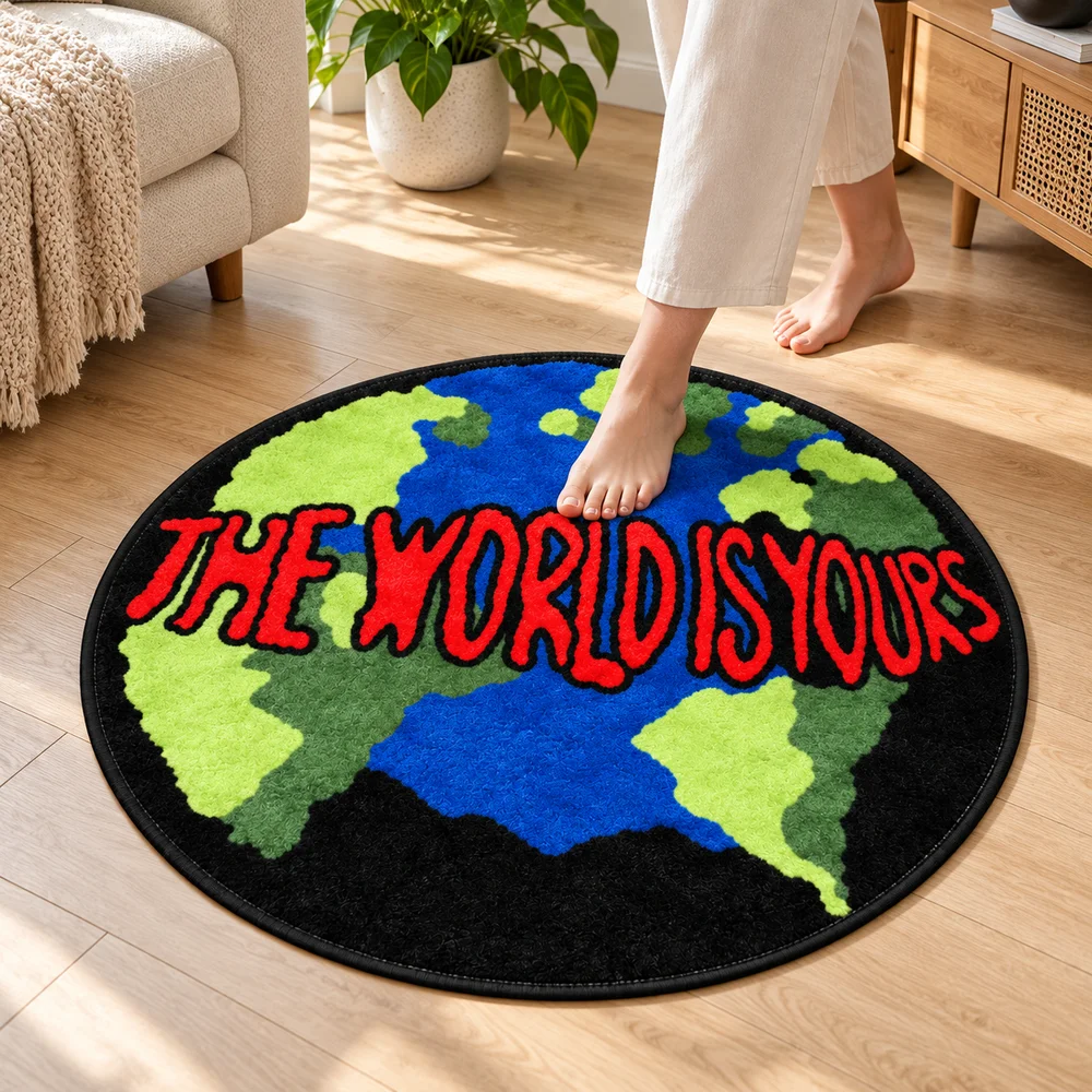 Round Globe Floor Mat THE WORLD IS YOURS Graphic Rug, Soft Flannel Non Slip Accent Carpet for Bedroom Living Room Entryway
