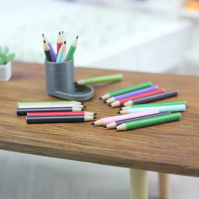 1 Set 1:12 Poppenhuis Miniatuur Poppenhuis Penhouder + 6 Kleurpotloden Set Pop Home Decor Fantasiespel Poppenhuis Briefpapier speelgoed