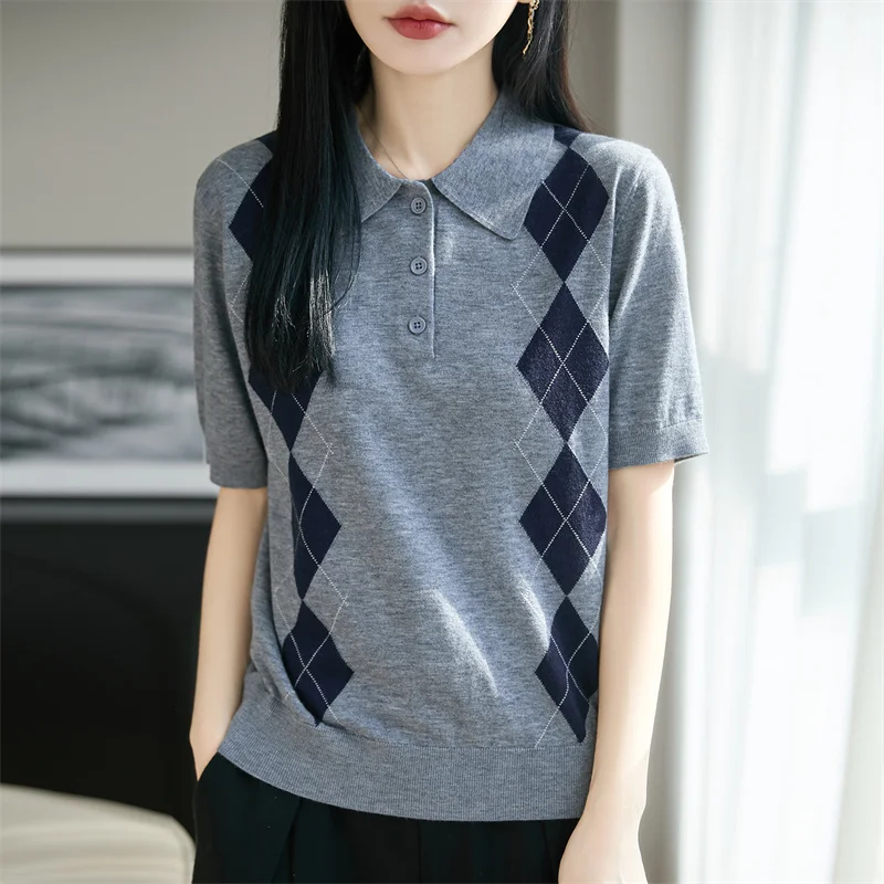 BELIARST Women's Summer Knitted Polo Shirt T-shirt Color Block Short Sleeve Fashion Inlaid Lapel Pullover Sweater Thin Top