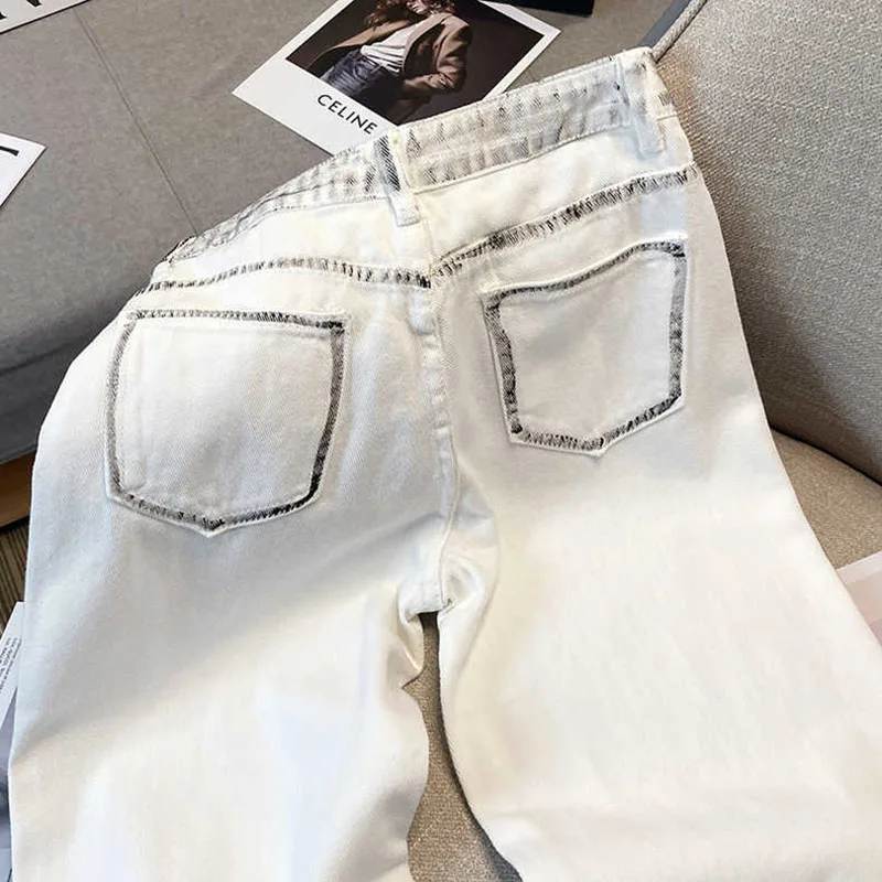 White Graffiti Straight High Waist Jeans Women\'s Summer Autumn New Loose Mom Wash Trouser Pockets Casual Wide Leg Denim Pants