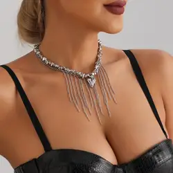Tassel Heart Chain Necklace for Women Silver Color Trendy Neck Jewelry Fashion Metal Beaded Necklace Party Accessories Female