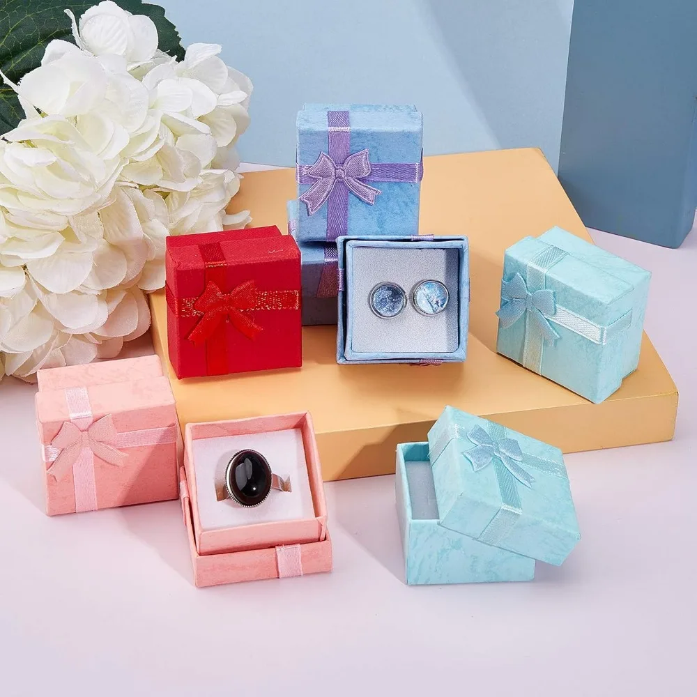 32 Pcs Cardboard Ring Boxes, 1.6x1.6x1 Jewelry Gift Boxes Paper Boxes with Bow Gift Boxes for Jewelry Presentation with Foam