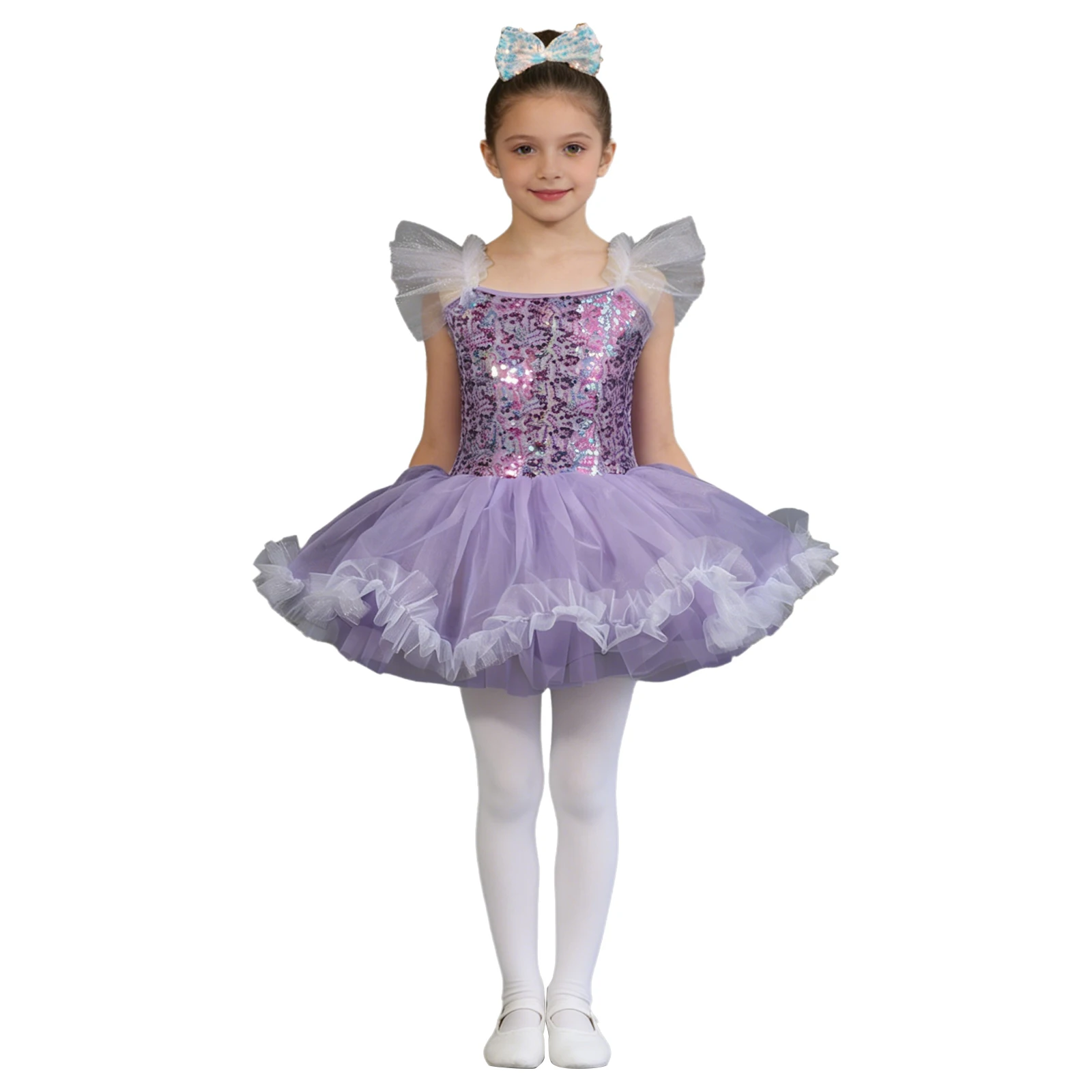 Kids Girls Bodice Tulle Leotard Ballet Dance Performance Costume Ruffled Sleeve Sequin Tutu Dress with Bow Headwear Ballet Dress