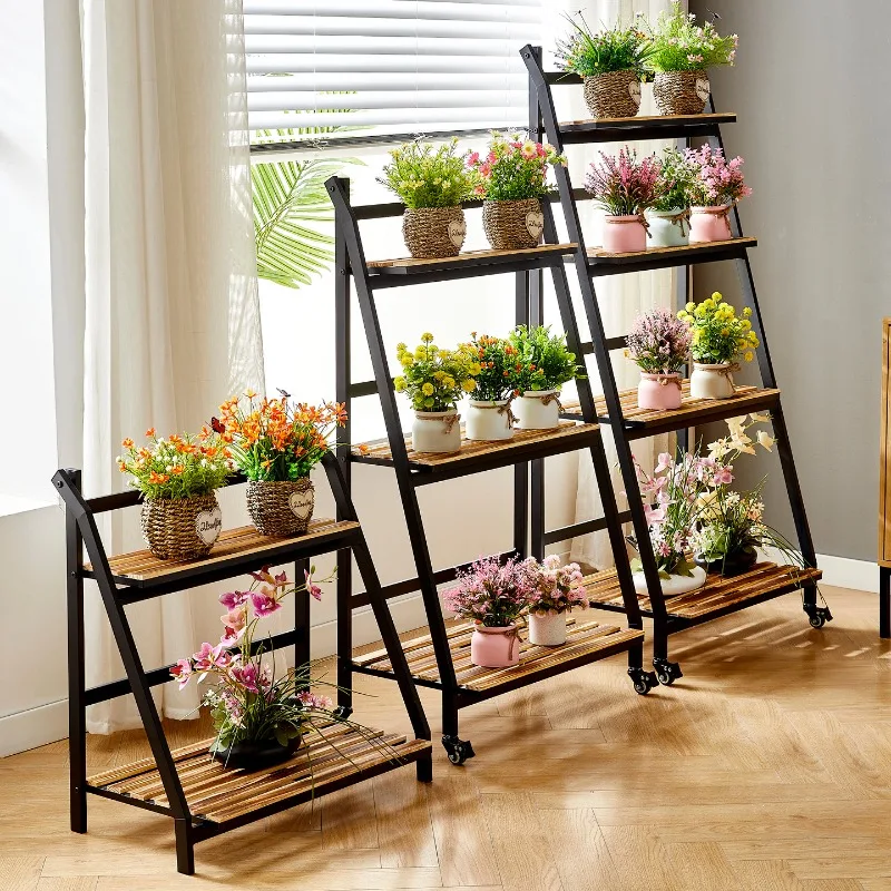 Movable pulley rack Floor-to-ceiling multi-layer storage flower pot rack Folding ladder flower rack