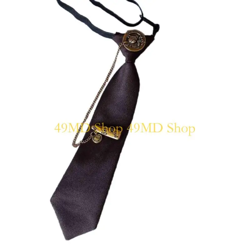 49MD School Girl Tie Kids Chain Pre-tied Necktie with Carving Charm Pearls Bear Ties School Uniform Necktie JK Pre-tied Tie