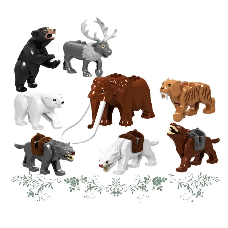 Small particle animal series Saber-toothed Tiger White Bear Bear Woolly elephant Elk Wolf  building blocks