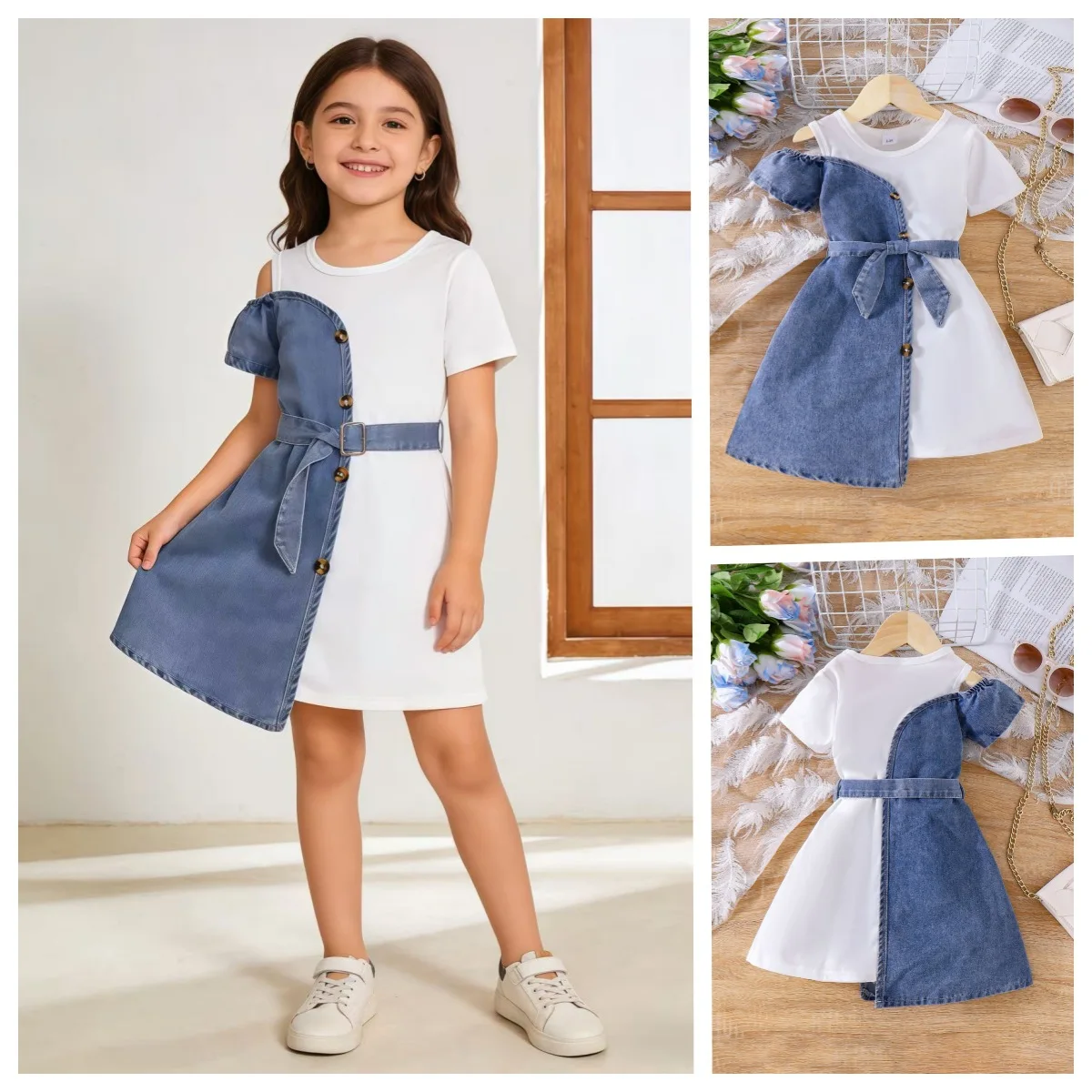 

New Arrival Summer Girls Denim Patchwork Dress Irregular Hem Short Sleeve Dress With Belt Outfit for 2-7Y