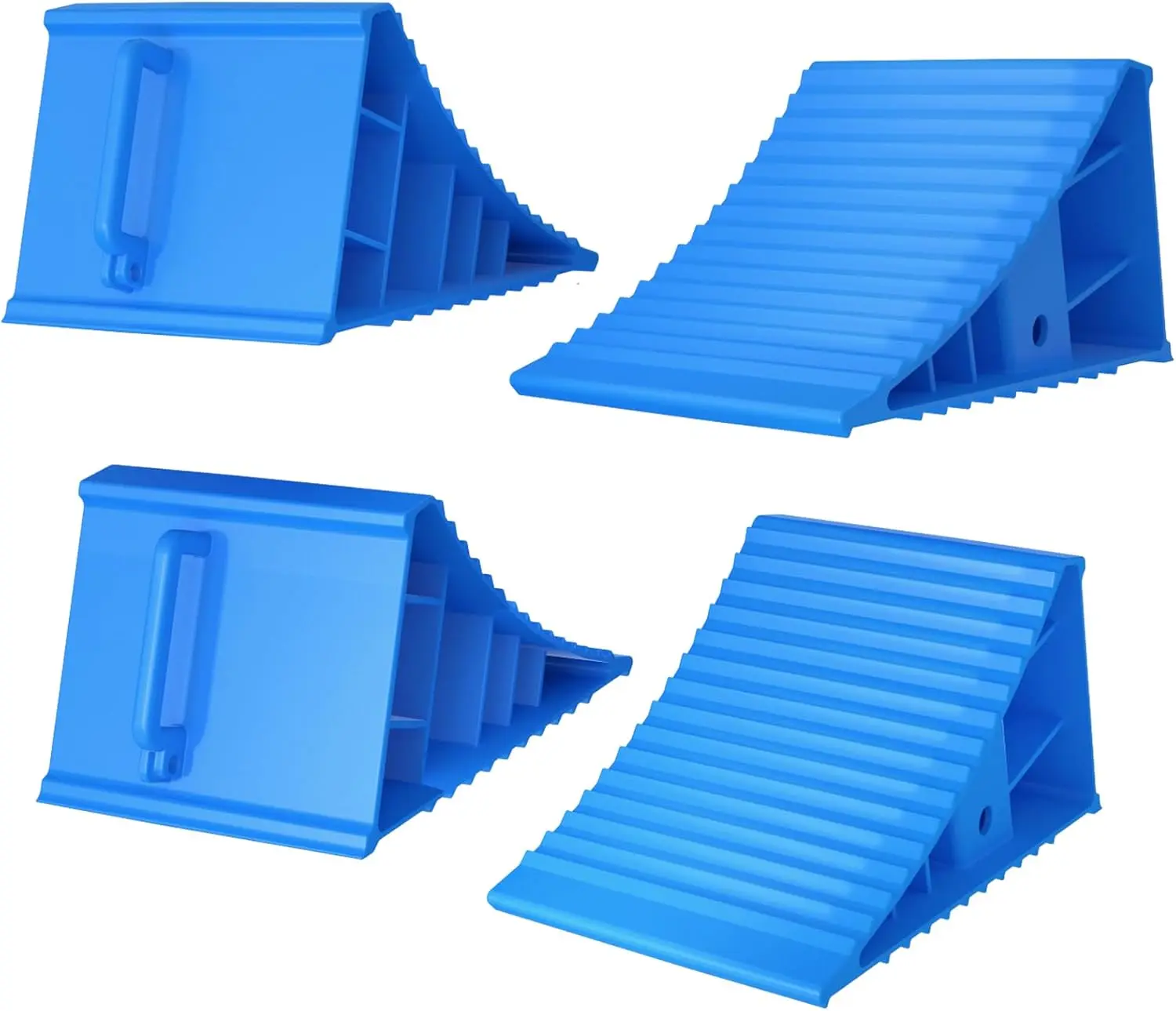 

4Pack Wheel Chocks for RV Trailer Non Slip Heavy Duty Blue with Handle Easy Removal Polypropylene Wheel Stoppers for Cars