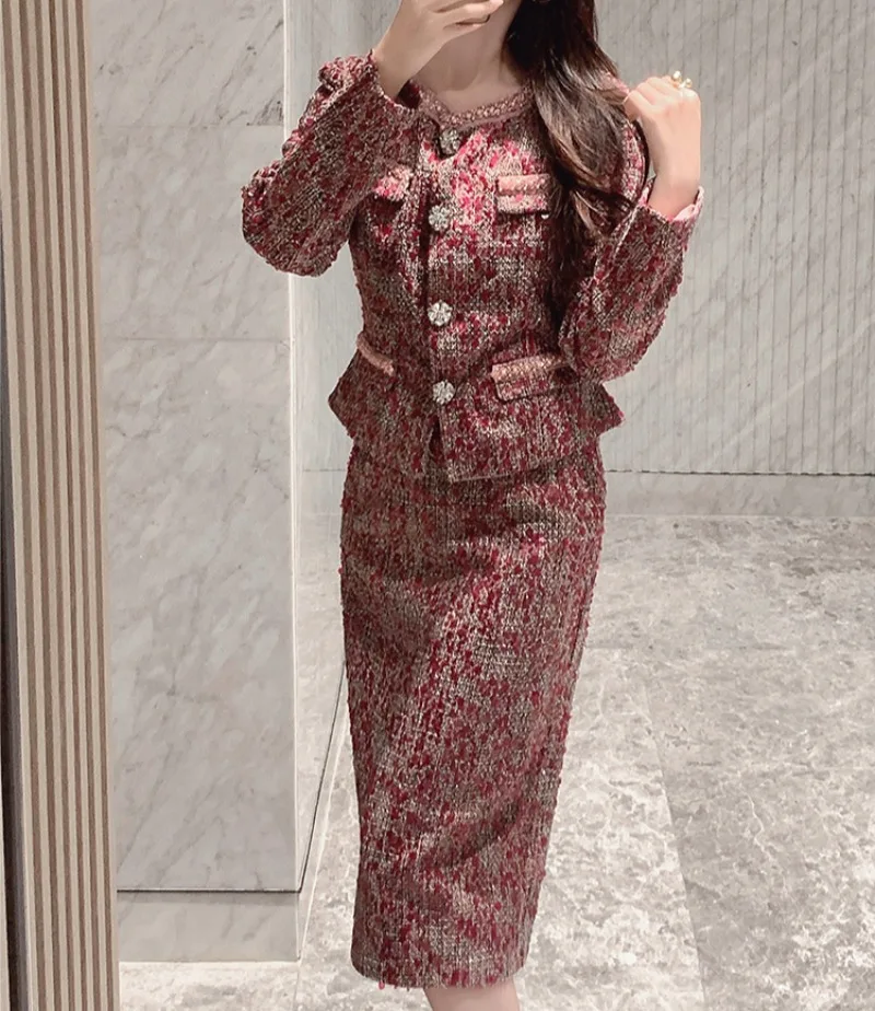 Streetwear Elegant Red Tweed 2 ชิ้นชุดผู้หญิงรันเวย์ออกแบบเสื้อแขนยาวและกระโปรง Lady Holiday Party Chic กระโปรงชุด