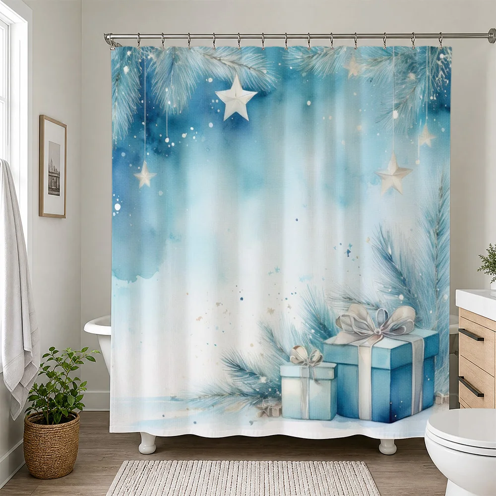 Blue Winter Snowflake Forest Shower Curtain Bathroom Decor Xmas Holiday Seasonal Waterproof Curtain