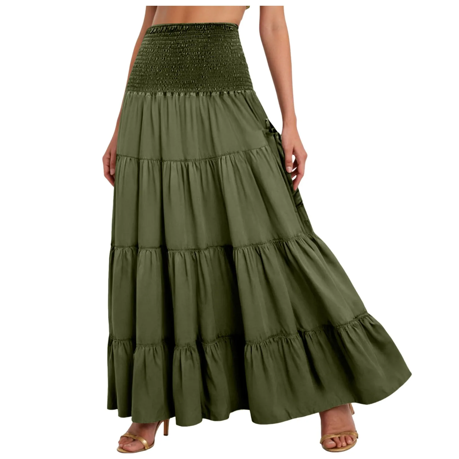 Boho Tiered A-Line Skirt Women Forest Fairy Pockets Patchwork Long Dress Elastic Waist Vintage Hippie Gypsy Maxi Skirt