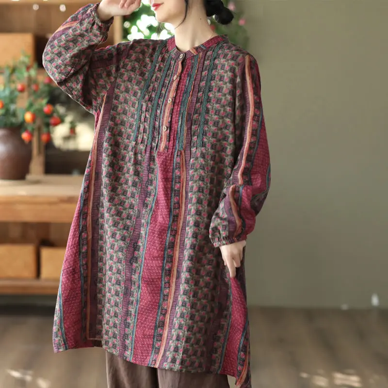 Vintage 2023 Button Round Neck Printing Long Sleeve Womens Spring Autumn Ethnic Style Loose Fitting Mid Length Straight Dresses