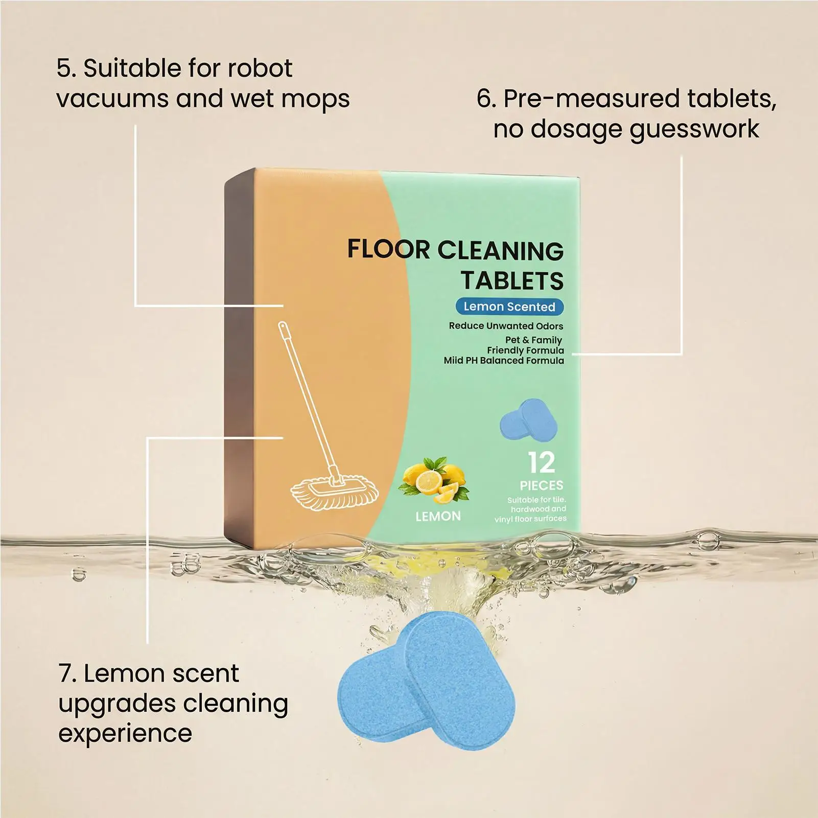 12Pcs Floor Cleaning Tablets Concentrated Hardwood Tile PVC Cleaner Fragrance Dust Remover for Vacuum Robot Lemon Scent