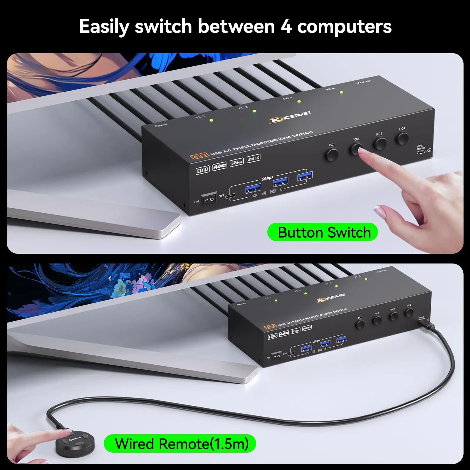 Switch KVM per 3 Monitor e 4 Computer 4K@144Hz/8K@60Hz, Switch Triplo Monitor HDMI DisplayPort con 4 Porte USB 3.0 per Tastiera e Mouse