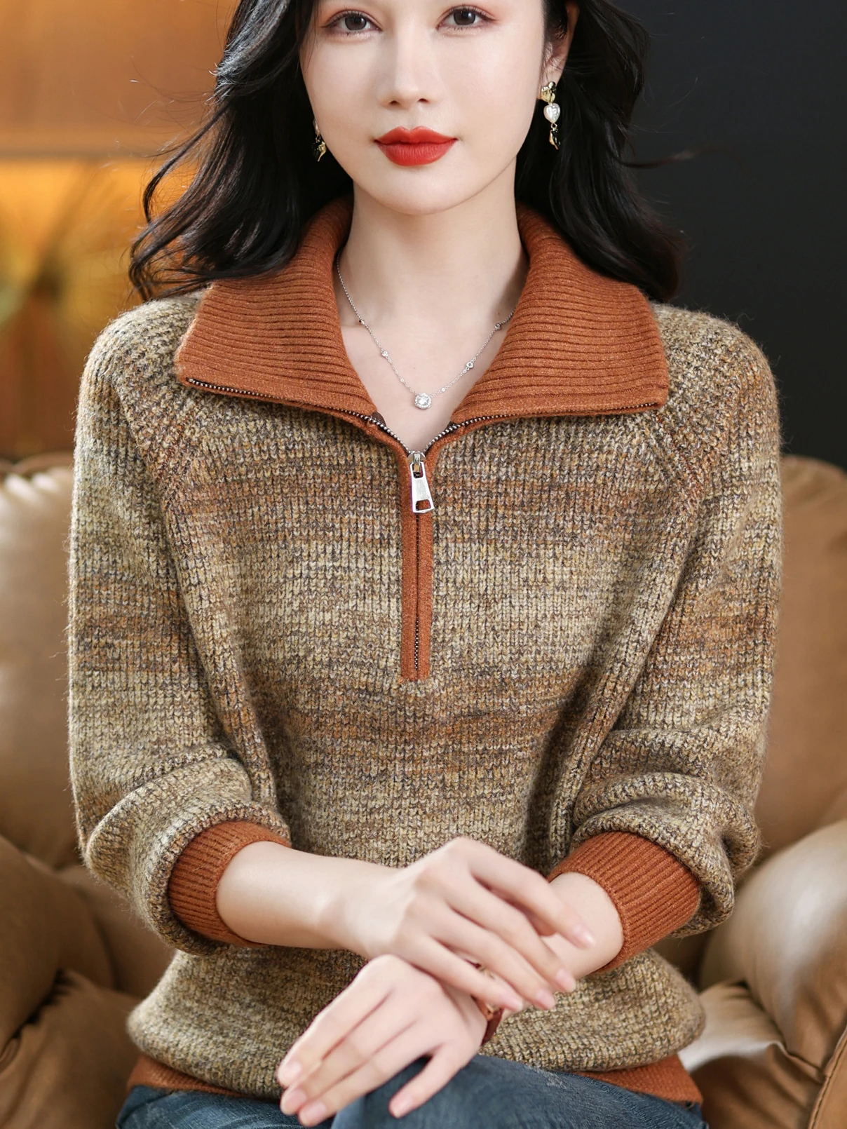 

Faionable Knitted Woolen Coat for Young Mothers Thiened Loose Fit Collared Top aped Body Casual Wear Cleanable